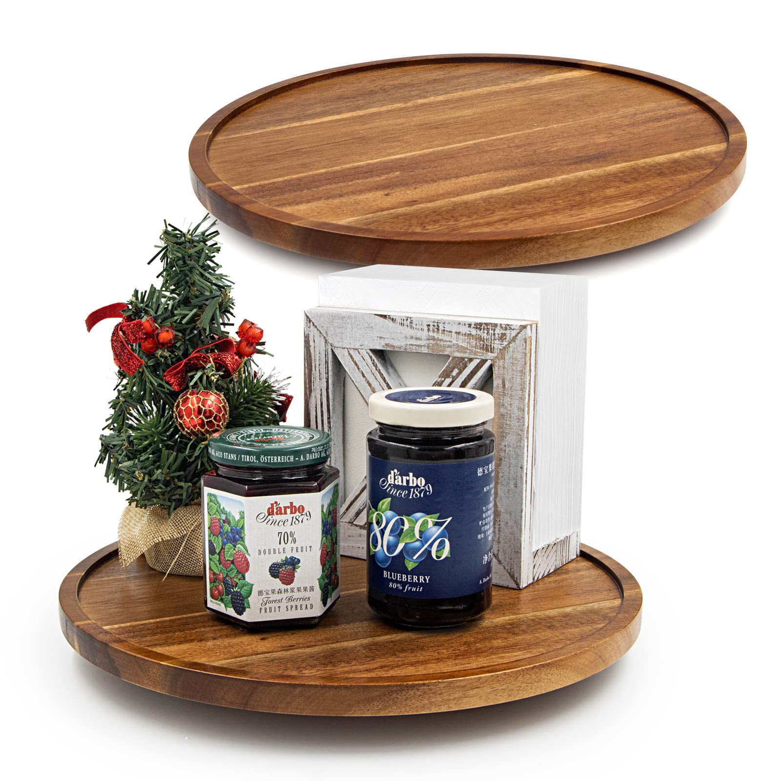 ANBOXIT Lazy Susan Cupboard Organiser, 25cm Wooden Lazy Susan Turntable, Acacia Wood Turntable, Kitchen Rotating Spice Rack (2 Pack)