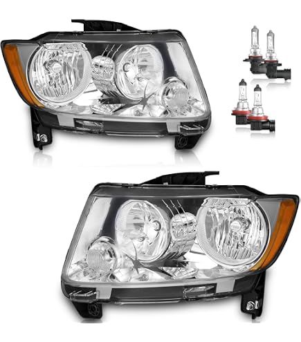 Halogen Headlights Set For 2011-2017 Jeep Compass & 2011-2013 Grand Cherokee - Black Housing, Direct Fit