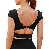 DaiLiWei Open Back Workout Tops for Women Short Sleeve Longline Sports Bras Support Crop Tank Yoga Shirts with Built in Bra