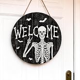Halloween Skull Welcome Door Sign, Wooden Skeleton Bat Hanging Wreath Decor | Gothic Round Front Door Hanger for Porch, Wall, Entryway, Indoor Outdoor Haunted Home, Office and Halloween Party Display