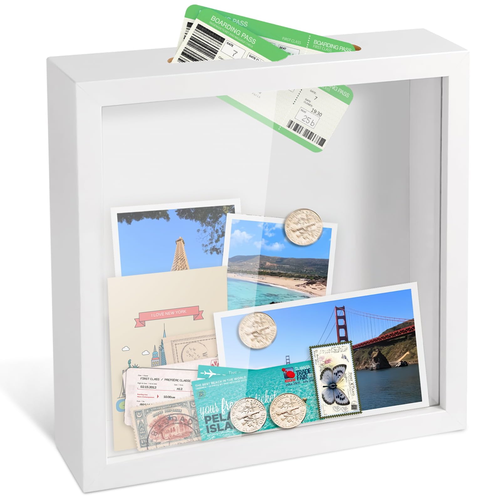 Photo 1 of *Factory Sealed*
Shadow Box for Adventure Memory 12x12, 1.2in Deep Capacity Keepsakes Box Frame with Top Loading Slot for Travel Home Office Decor Keepsakes, White