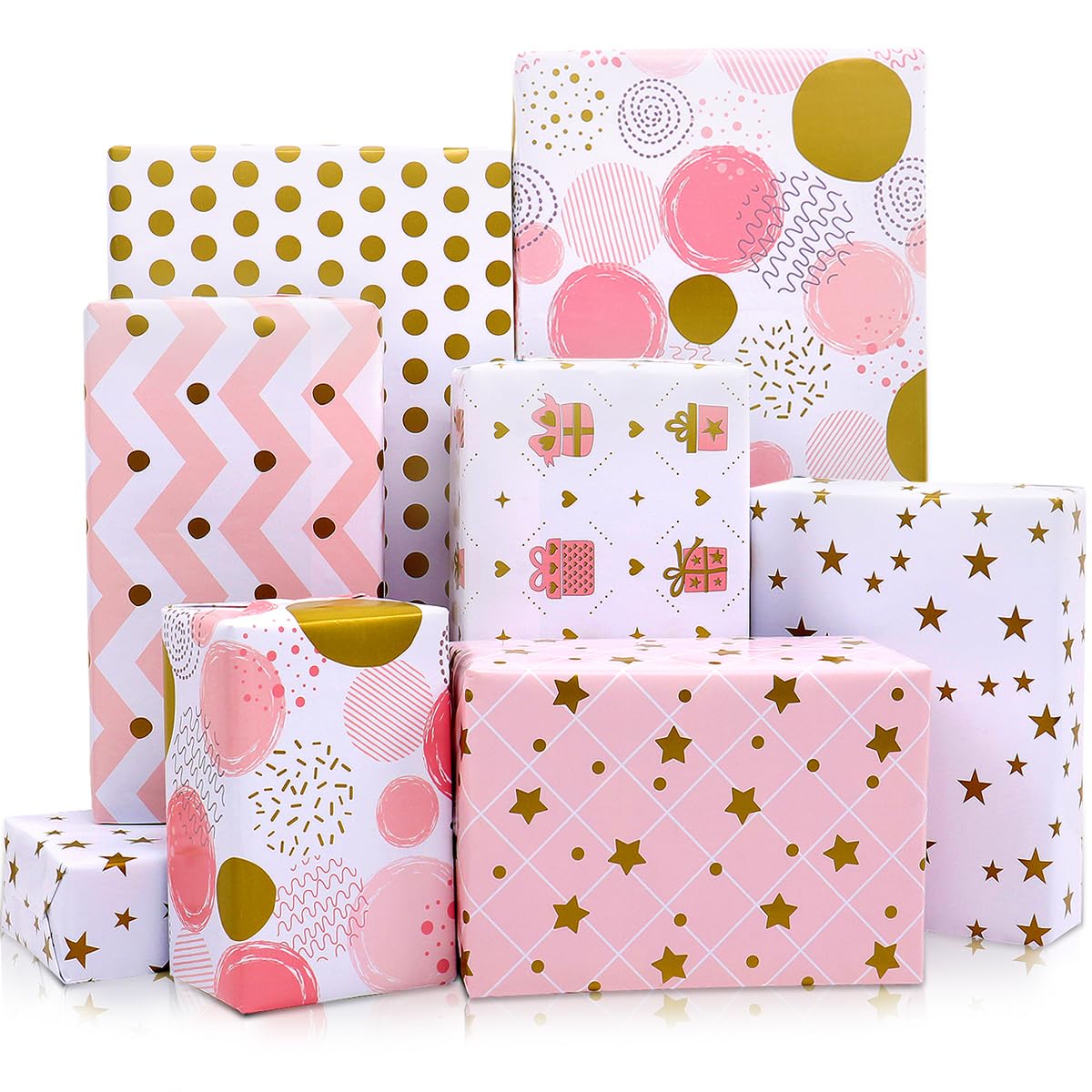 Gift Wrapping Paper, 12 Sheets Pink Gold Birthday Wrapping Paper for Girls Women, Pink Girls Gift Wrap Paper for Birthday Wedding Baby Shower Valentines Mother's Day Christmas All Occasions, 50x70cm