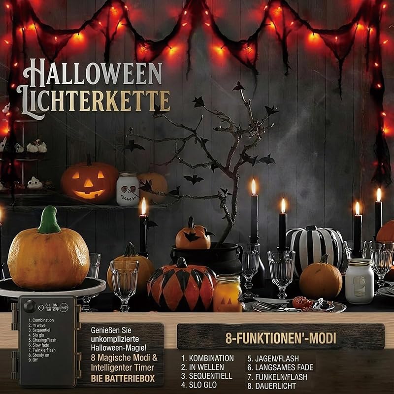 Guirlande lumineuse décorative d'Halloween orange avec gaze noire, 3 m, 30 LED, 8 modes et minuterie, étanche IP65, éclairage d'Halloween intérieur et extérieur pour fenêtre, cheminée, jardin