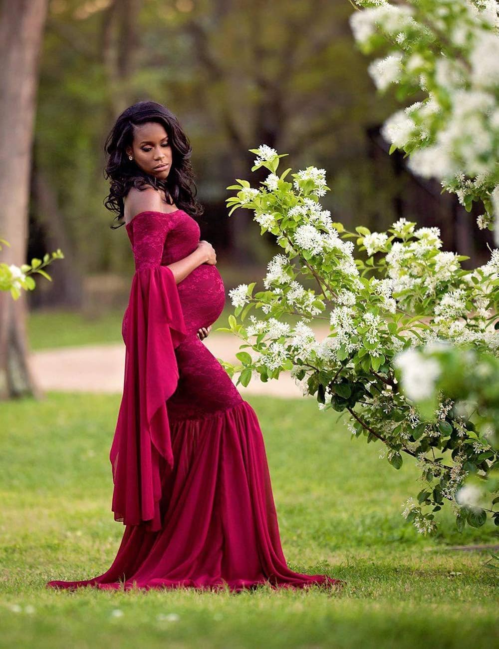JustVH Women's Off The Shoulder Elegant Fitted Maternity Gown Flare Sleeve Slim Fit Maxi Photography Dress for Photoshoot Burgundy at  Women’s Clothing store
