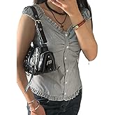 Women Y2K Babydoll Crop Top Fairy Grunge Button Up Shirt Cap Sleeve Slim Fit Ruffle Hem Coquette Tops