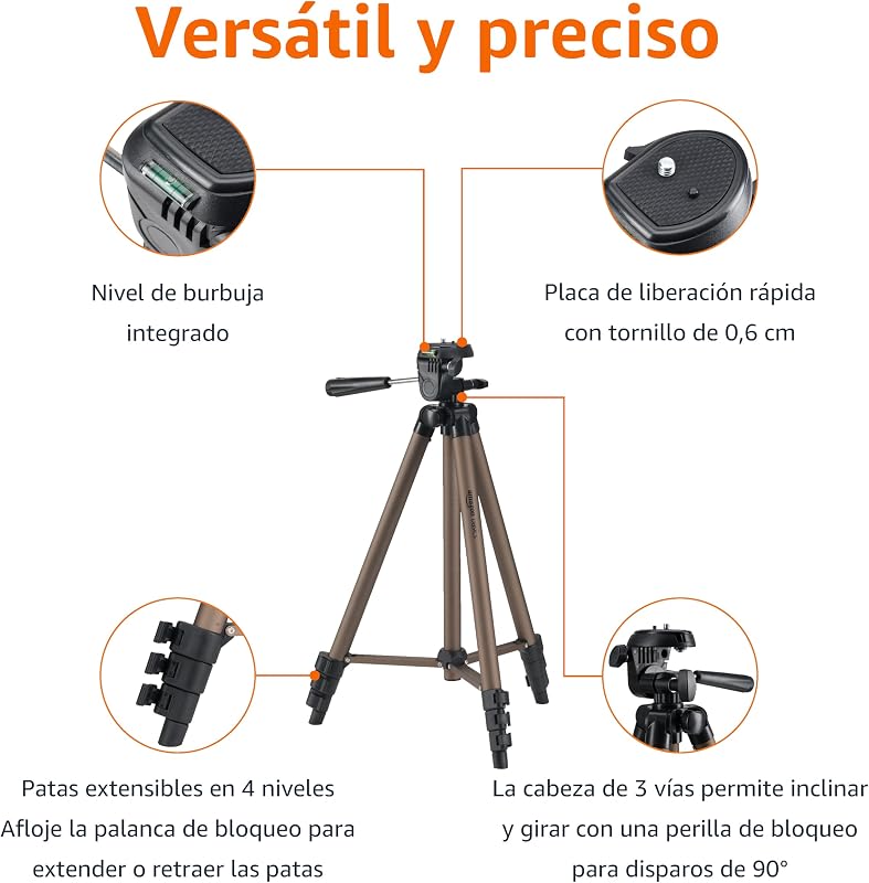 Trípode para Cámara de 127cm/50in, Ligero, con Bolsa, Altura Ajustable, para Cámaras Réflex Digitales, Color Champán