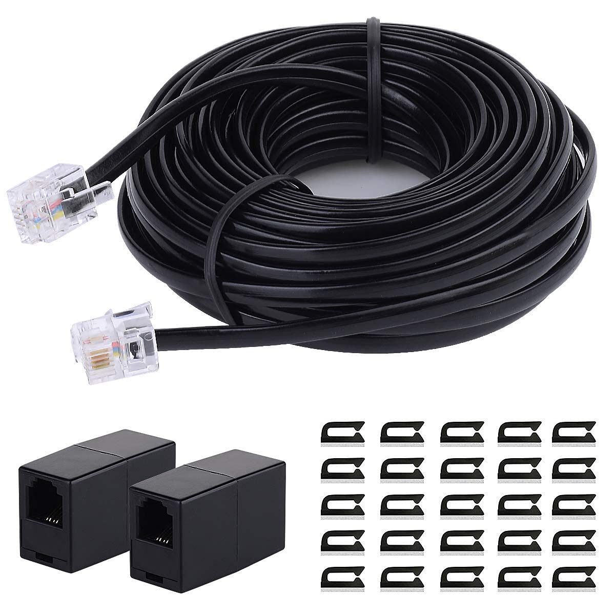 SHONCO Phone Extension Cord 25 Ft,Phone Line Coupler, RJ11 6P4C Telephone Cable Line Wire and 2 Pack Inline Couplers,25 Pack Cable Clamp Holders,Black