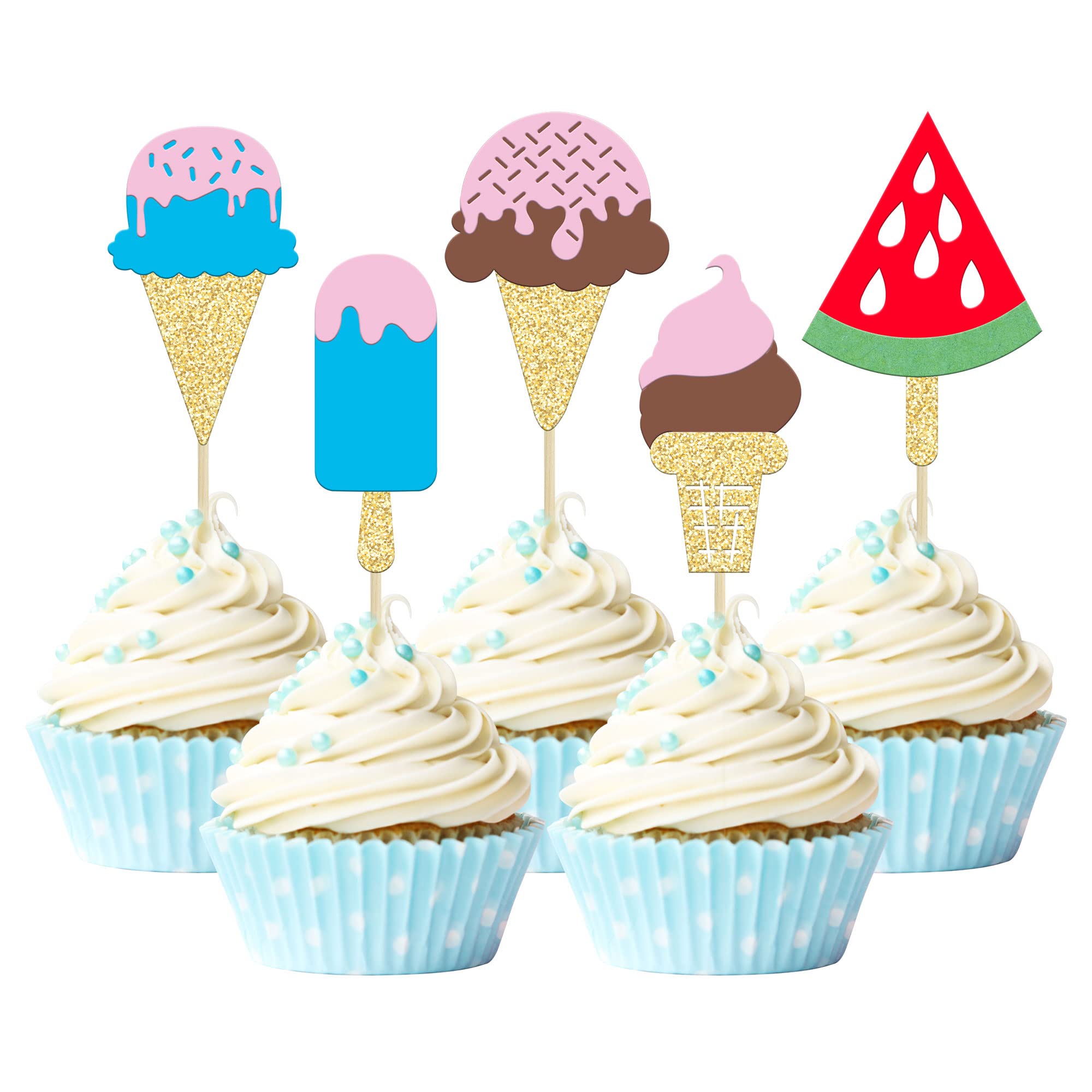 Gyufise 30Pcs Ice Cream Cupcake Toppers Glitter Ice Cream Luau Cupcake Picks for Summer Hawaii Theme Baby Shower Wedding Birthday Anniversary Party Cake Decorations Supplies