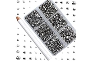 CMBYN 5000 Pieces 6 Mixed Sizes Glue Fix on Glass Rhinestones Round Crystal Gems Flatback for DIY Jewelry Making with one Picking Pen (6-Sizes 5000PCS, Jet Hematite)