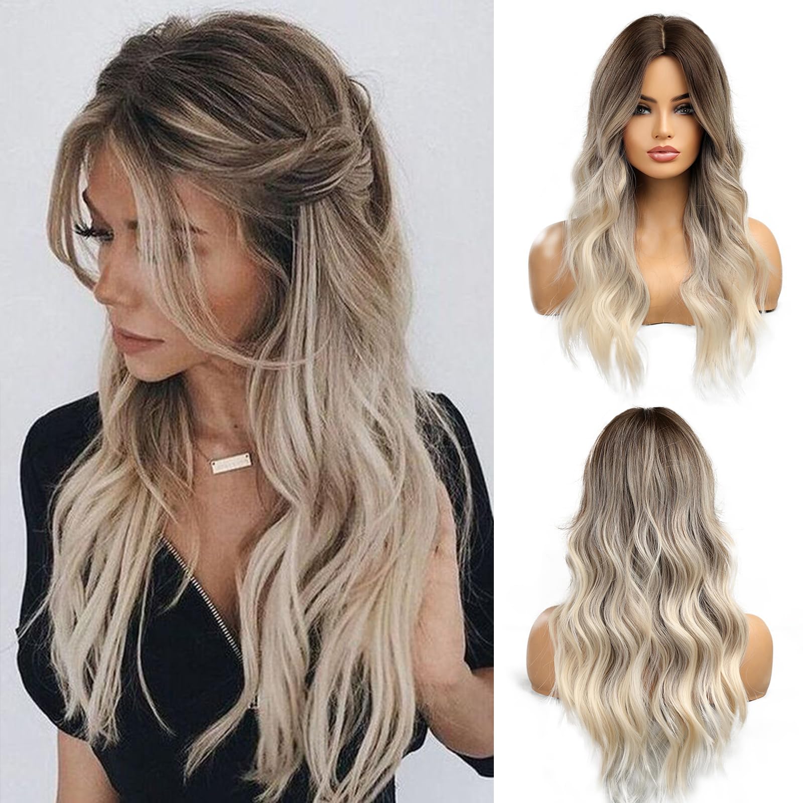 Esmee Long Wavy Ombre Brown to Blonde Wigs for Women Synthetic Hair Heat Resistant Ombre Wig for Daily Party Cosplay Use-24Inches — image 1