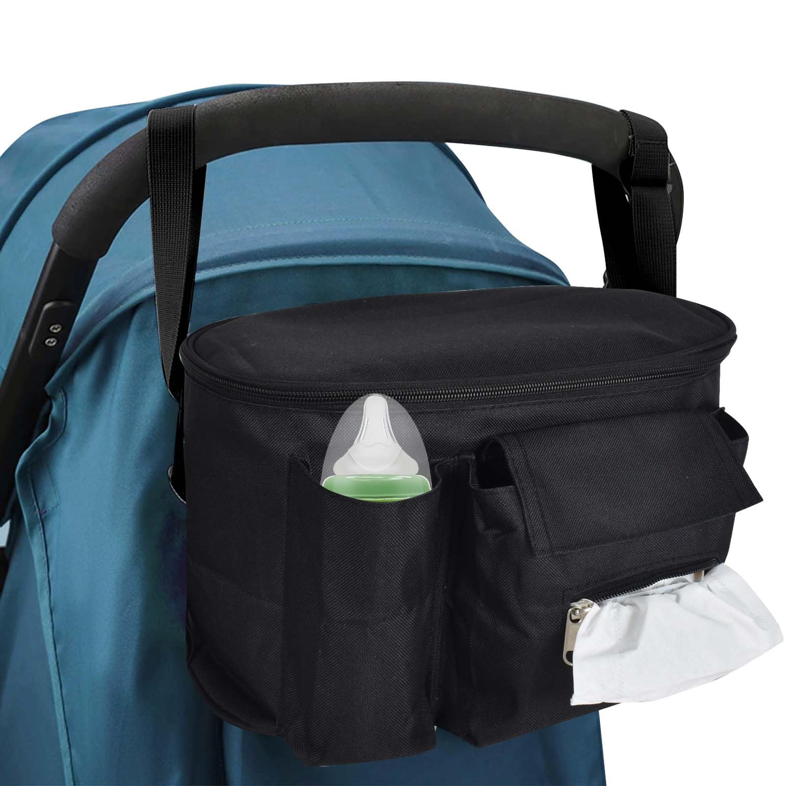 Universal Stroller Organizer, Stroller Bags Baby Accessories with Pocket, Zipper, Shoulder Strap and Storage Space for Diapers and Phones (Black) — image 1