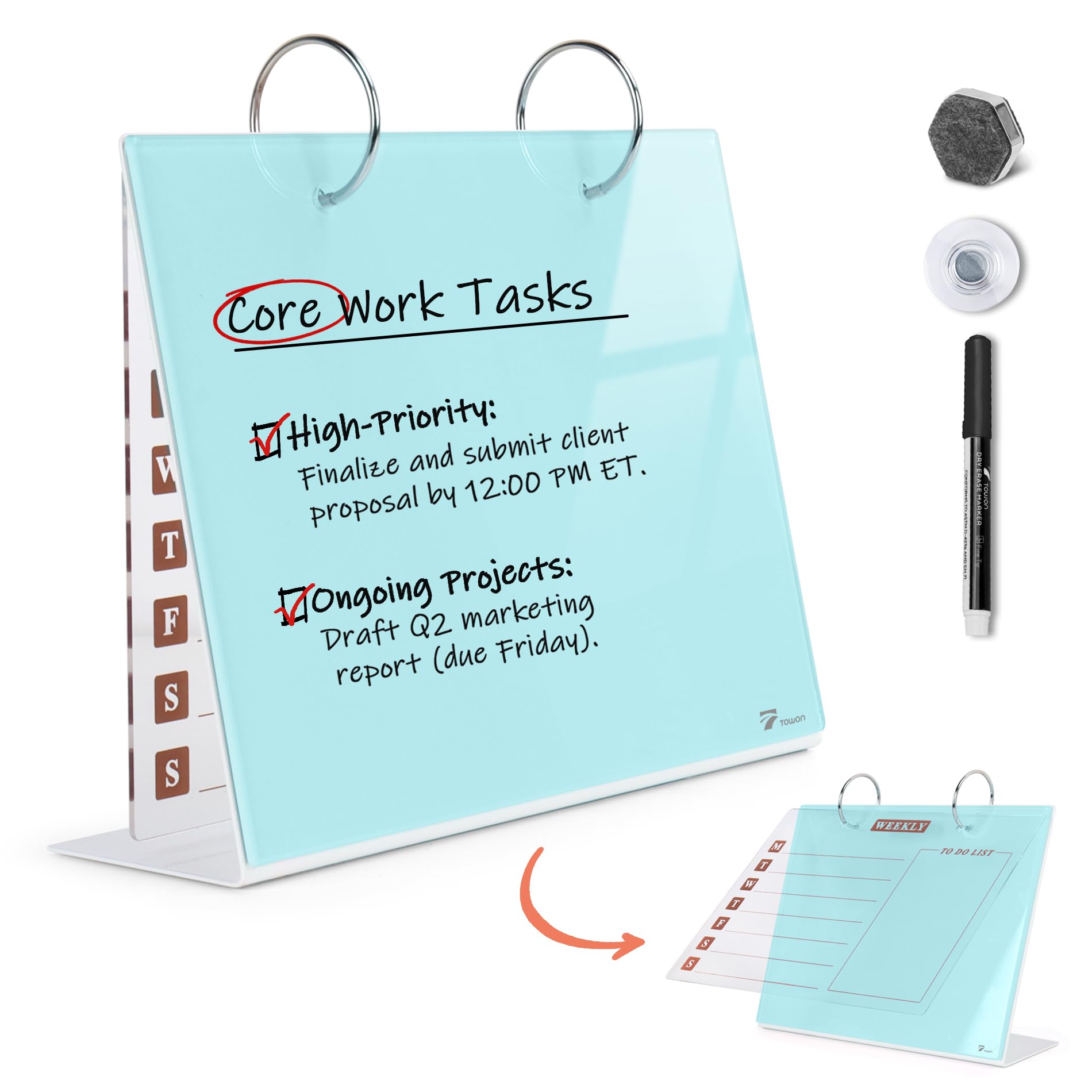 Photo 1 of Desktop Glass Dry Erase & Acrylic Aesthetic Calendar Weekly to-do List Combo, Small Magnetic Standing Whiteboard, Desk Flip Easel Calendar with Accessories for Home Office Supply, Teal Blue, 9 x 7''