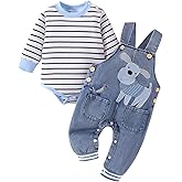 Baby Boy Clothes Fall Winter Outfits Long Sleeve Striped Romper Cute Cartoon Jeans Overalls Pants Set 0-18 Months
