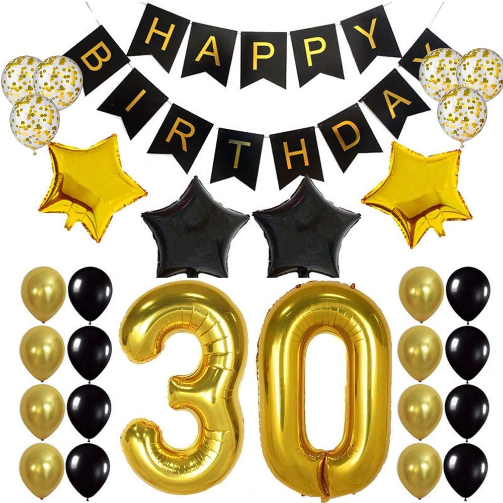 30th Birthday Balloons, Happy 30th Birthday Party Decoration, Happy Birthday Banner Foil 30 Number Balloons Black and Gold Balloons Confetti Balloons for 30th Birthday Anniversary Party Decorations