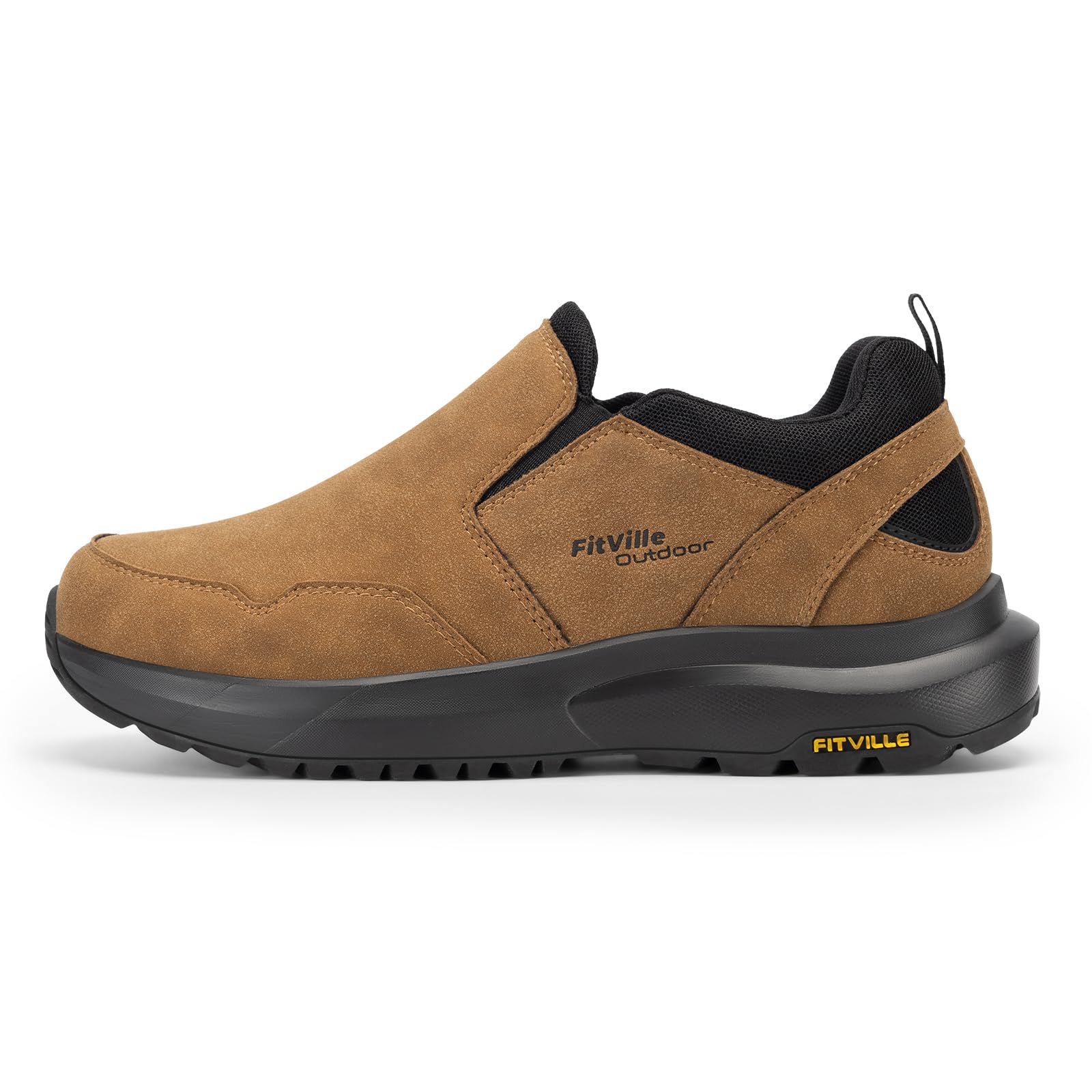FitVille Slip On Wanderschuhe Herren Extra Breit Trekkingschuhe rutschfeste Outdoor Schuhe Atmungsaktiv Freizeitschuhe Leichte Walkingschuhe,Dünenbraun,46 EU,X-Weit 3