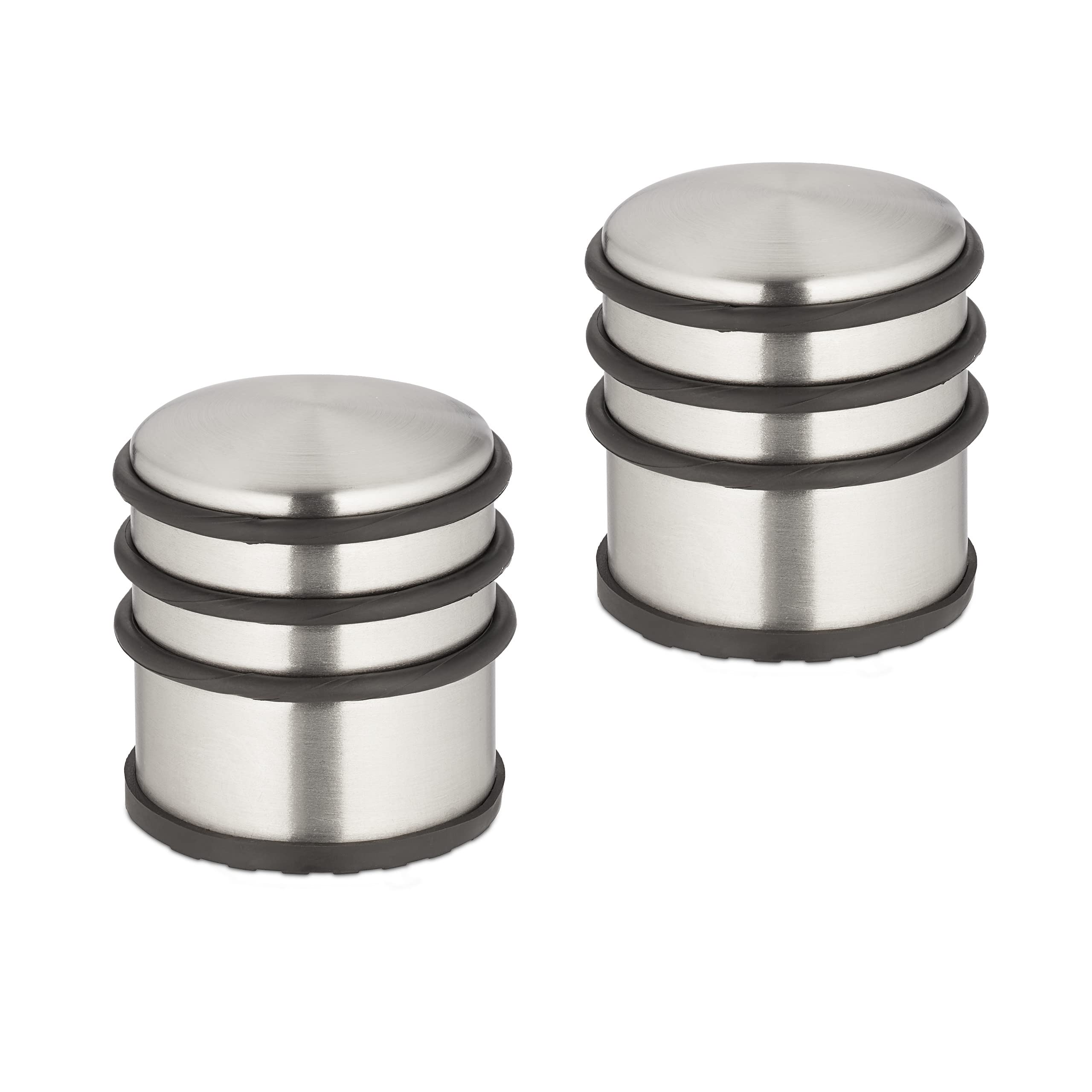 Relaxdays Set of 2 Door Bumpers, Stainless Steel, HxØ: 7.5 x 7 cm, High & Heavy, Non-slip, Slamming Brakes, Silver/Black