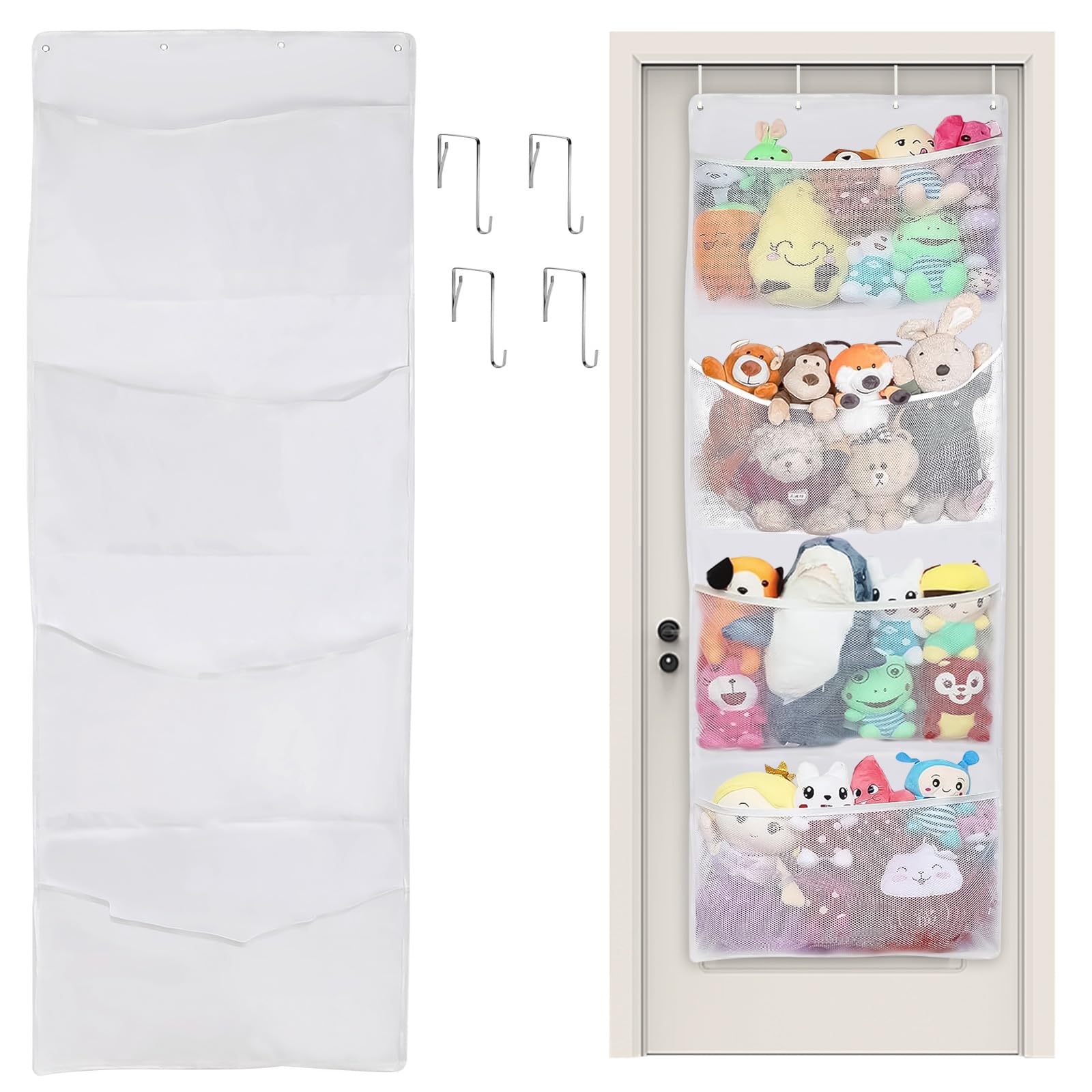 Yabound Stuffed Animal Storage - Over The Door Organizer with 4 Large Pockets for Closet, Baby, Plush Toy, Over Door Toy Storage for Nursery, Bedroom, Bathroom, Kids Room