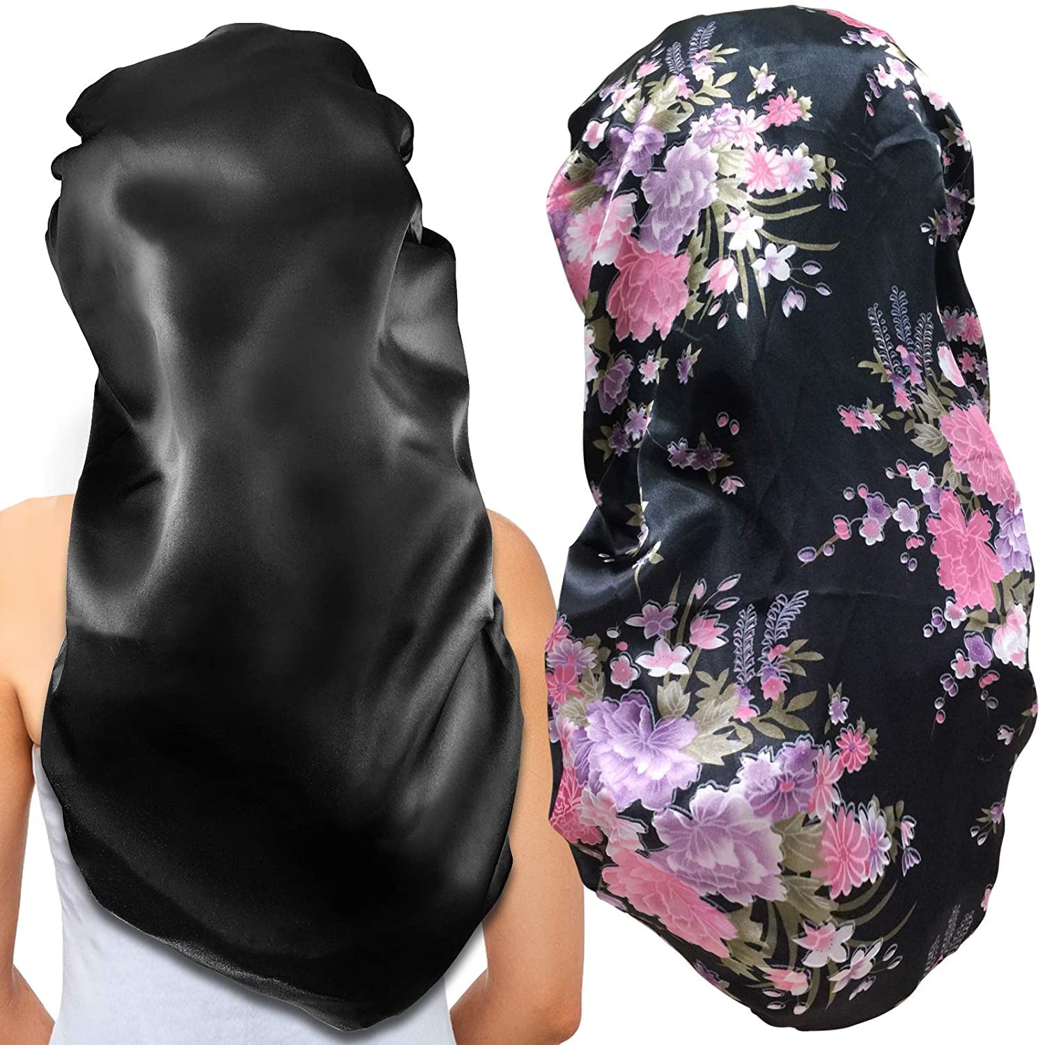 2Pcs Long Satin, Extra Large Braids Bonnets for Sleeping, Soft & Comfortable Elastic Band Bonnets for Women Night Sleep, Black + Pink Pattern