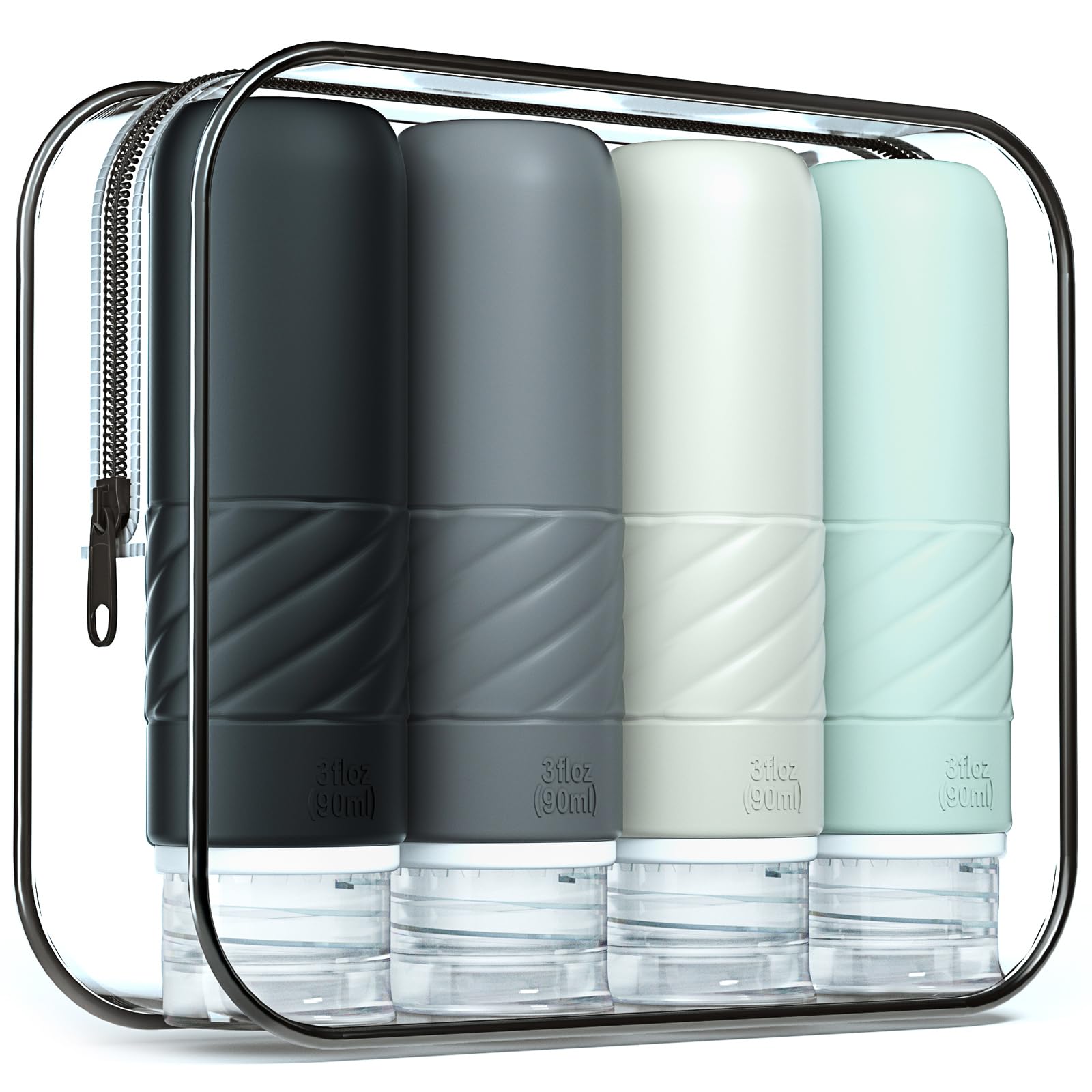 Gemice Travel Bottles for Toiletries, CAA Approved 90ml Silicone Travel Bottles, Leak Proof Squeezable Travel Size Containers, Travel Essentials for Lotion Soap Liquid Shampoo, BPA Free(4 Pack)