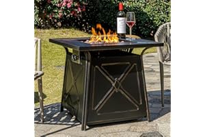 OutVue 28 inch Propane Fire Pit Table,Gas Fire Pits Table for Outside,50000 BTU Propane Firepit with Lid &Lava Rocks,Gas Firepit for Garden,Yard (Black)