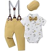 SOLOYEE Baby Boy Clothes Suits 3-24M Infant Gentleman Outfits, Short Sleeve Shirt+Bowtie+Beret+Suspender Pants Clothing Set