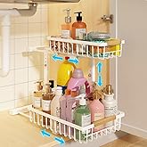 REALINN Under Sink Organizer, Height Adjustable Under Sink Organizers and Storage, 2 Tier Pull Out Drawer Cabinet Storage for Kitchen Bathroom, 1 Pack, White
