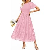 BerryGo Womens Summer Chiffon Midi Dress Short Sleeve Flowy Smocked Crewneck A Line Tiered Wedding Guest Dresses 2026