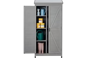 MEDERLO 68''x33''x20'' Outdoor Wooden Storage Shed with Metal Top Tall Vertical Tool Cabinet for Backyard Garden Patio Lawn (Grey)