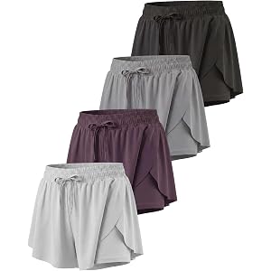Real Essentials 4 Pack: Womens Flowy Dry Fit Running Short - Spandex Underneath Athletic Workout Gym Shorts (Plus Available)