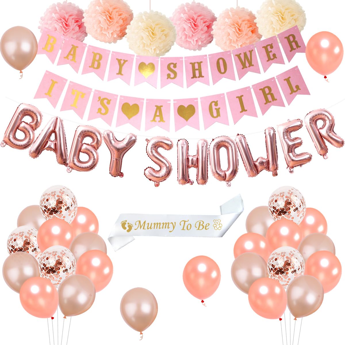 Baby Shower Decorations for Girl Rose Gold, It’s A Girl Banner, Baby Balloon and Sash for Newborn Baby Party Supplies