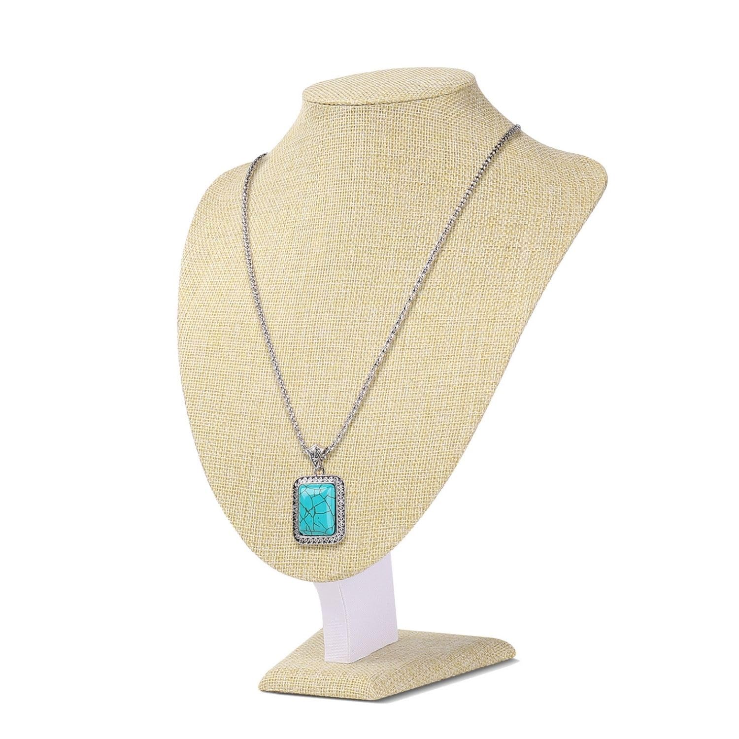 Flexzion Necklace Display Bust Stand - Beige Linen Jewelry Mannequin Display, 11 Inch Necklace Holder Mannequin for Vendors, Retail Counter, Craft Fairs & Trade Shows Jewelry Display Stand