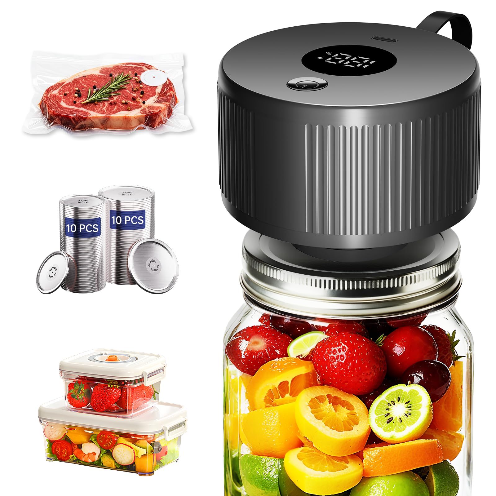 Photo 1 of Electric Mason Jar Vacuum Sealer Kit, 3-in-1 Handheld Automatic Vacuum Sealer for Mason Jars, Food Savers & Containers | Ideal for Canning Jams, Pickles, Dry Foods, Grains | Present for Mom, Black