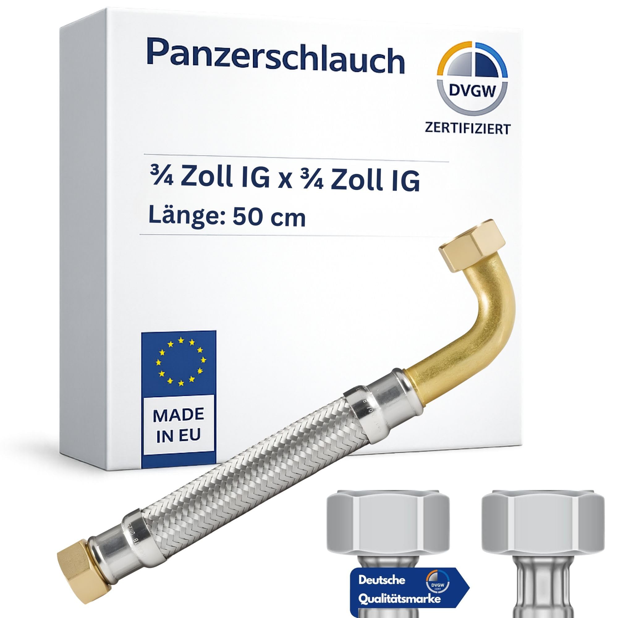 DVGW Reinforced Hose 3/4-1 Inch 30-150 cm, Flex Hose, DN25 & DN19, Water Connection, Heating, Softening System (50 cm, 3/4 Inch Union Nut with Bow x 3/4 Inch Union Nut Reinforced Hose)
