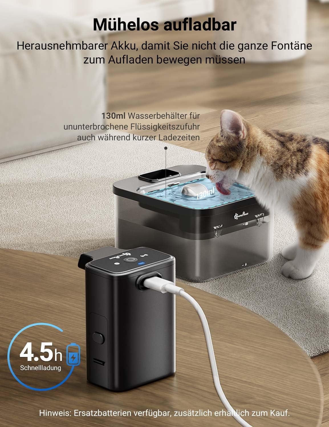 DownyPaws 2.5L Trinkbrunnen für Katze Kabellos, Katzenbrunnen Kabellos mit Bewegungsmelder, Batteriebetrieben Katzentrinkbrunnen, 4000mAh, Leise Wasserpumpe, Tablett aus Edelstahl für Katze, Schwarz 5