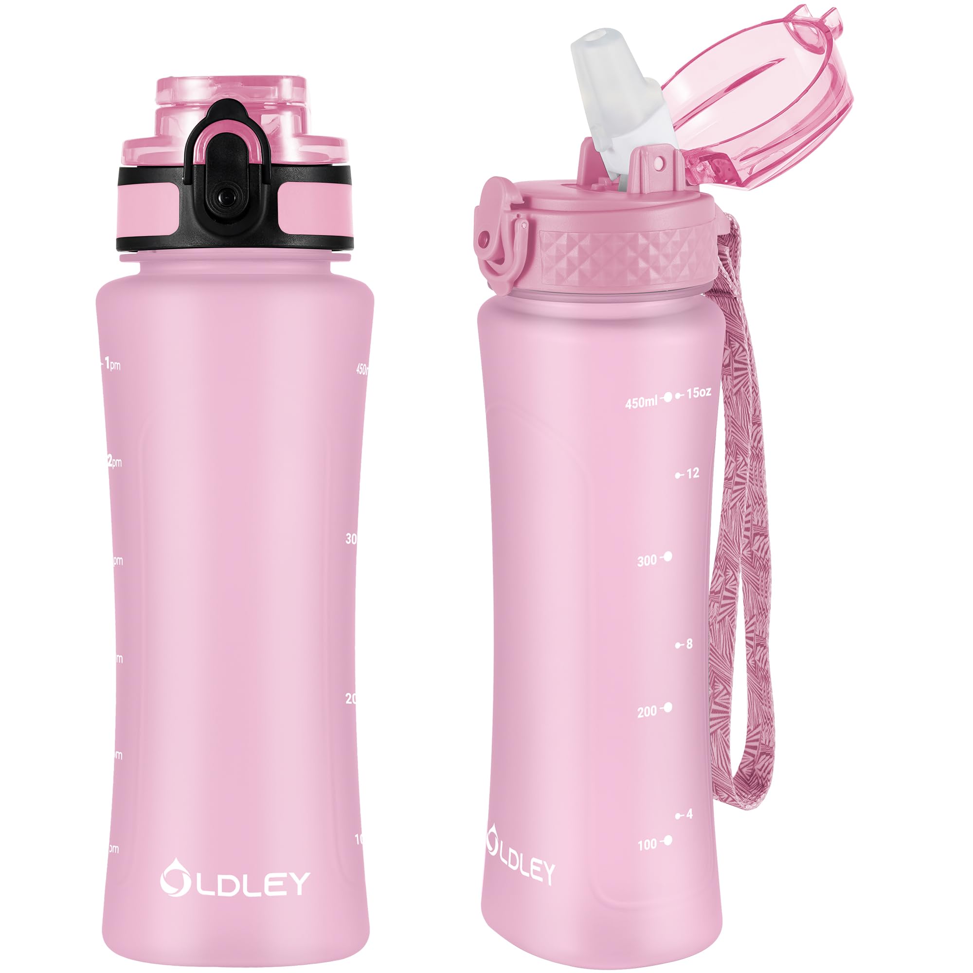 OLDLEY 450ml/15oz Kids Water Bottle with Straw Childrens Boys Girls Toddler 2 Lids Reusable Drink Bottles with Times Markings for School Home Camping Outdoor Sports BPA Free Leakproof Durable