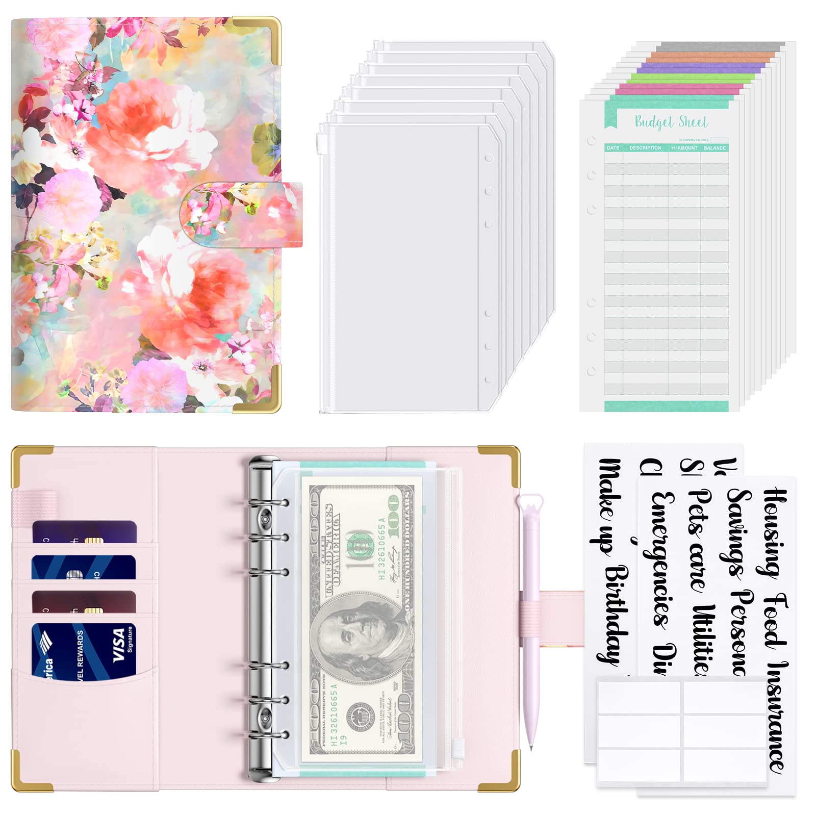Hnogri Budget Binder with Zipper Envelopes, A6 Money Saving Binder Cash Envelopes for Budgeting, PU Leather Budget Planner Money Organizer for Cash Bills, Floral Budget Wallet for Women, Pink Roses