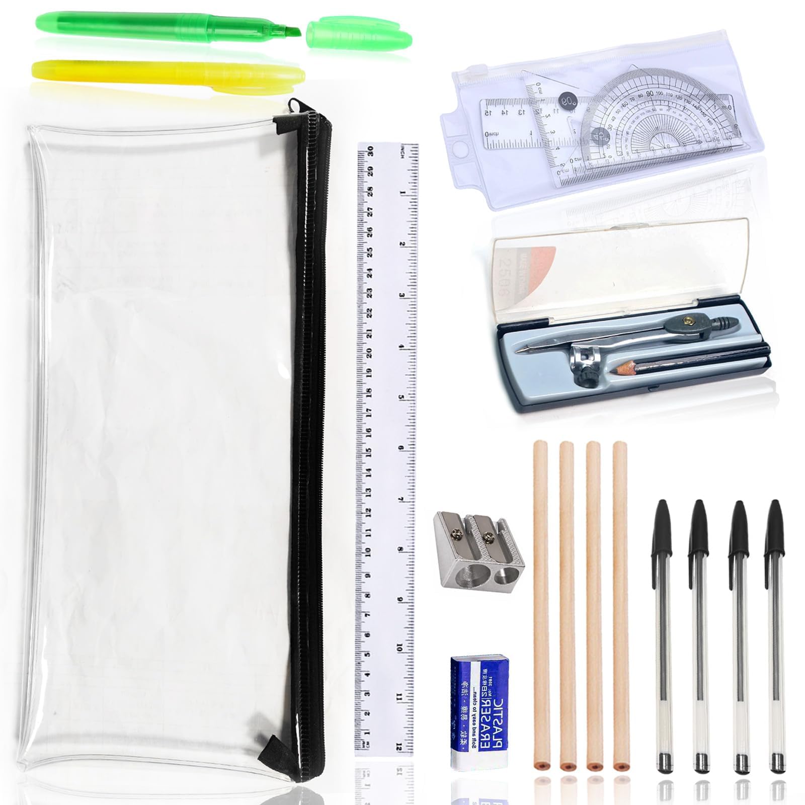 18 Pcs School Stationary Sets, Back to School Stationery Set, Exam Stationery Set, Assorted Stationary Pack with 4 Graphite Pencils, 4 Pens, 2 Highlighter, Eraser & Sharpener, Compass, Pencil Case