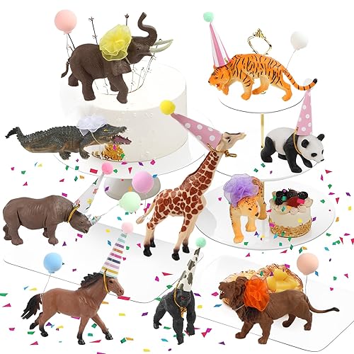 10 Jungle Animals Birthday Party Decorations- Animal Figurines Cake Toppers with 12Pcs Mini DIY Paper Hats, 5Pcs Floral Bows and 8Pcs Cake Decorations Balloons for Kids Party Favors or Baby Shower