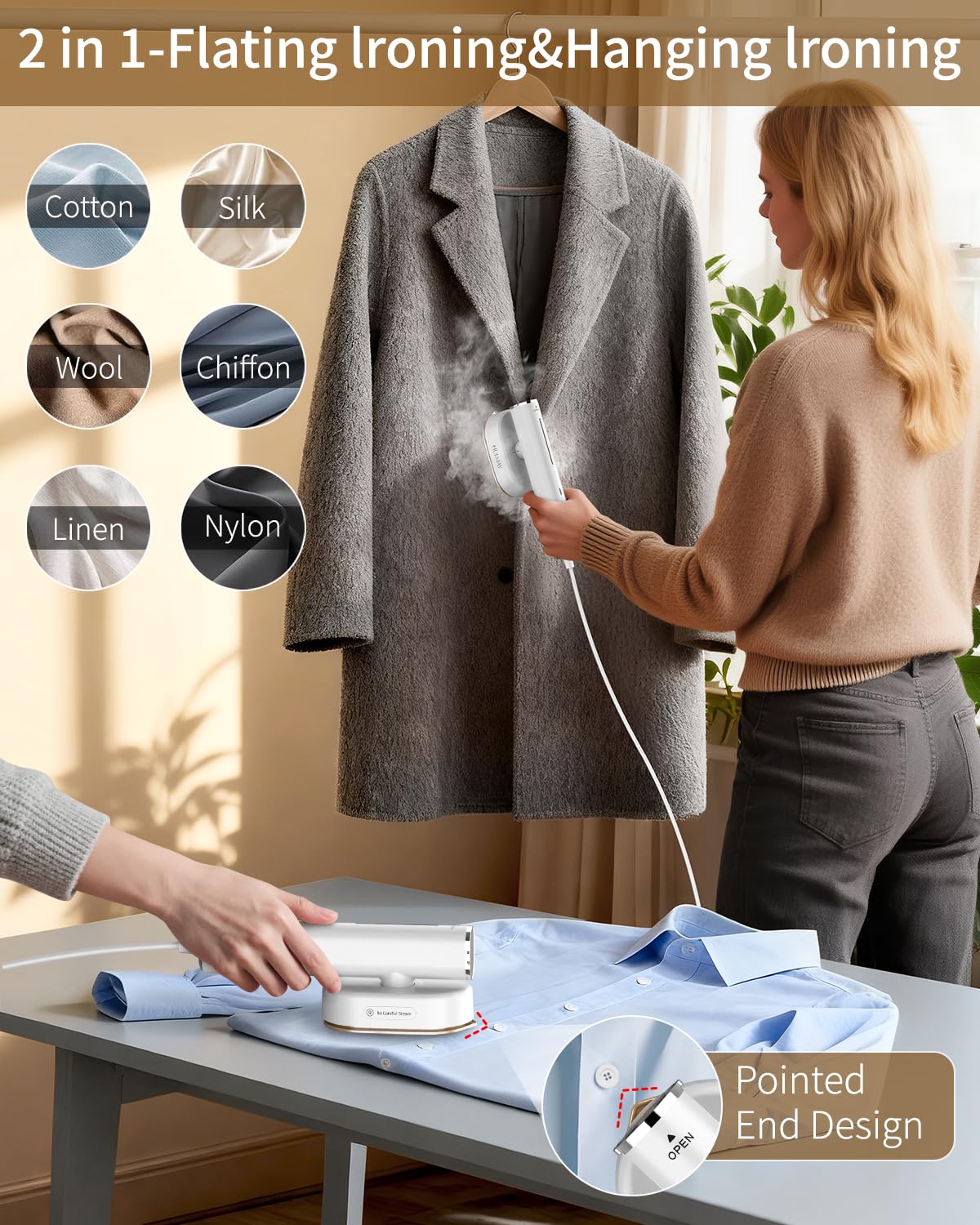 HULMAY Portable Steamer For Clothes Travel Mini Steamer and Iron Fast 10s Heat-Up, Horizontal and Vertical 1200W Effortless Wrinkle Removal, Garment Steamer and Iron for Travel Office Home(110-120V)