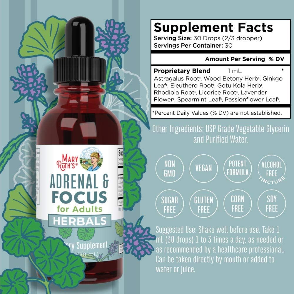 Adrenal Support & Focus Supplement by MaryRuth's | Adrenal Supplements Help The Body Manage Stressors & Improve Focus | Nootropic Adrenal Complex with Astragalus Root, Gingko Leaf, Wood Betony Herb: Health & Personal Care