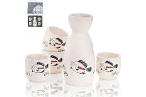 Cididu 5 Pieces Ceramic Japanese Sake Set, Cute Saki Cup Set with 1 Tokkuri Bottle and 4 Porcelain Sake Cups, Traditional Soj