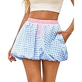 Wenrine Womens Gingham Bubble Mini Skirts Striped Elastic Waist Cute Y2K Skorts Plaid Summer Beach Skirt