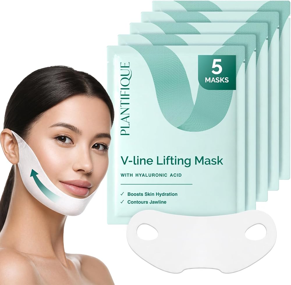 PLANTIFIQUE V-Line Chin Lifting Mask, 5 Pack - Double Chin Reducer | Hydrogel-Lined Chin Strap with Hyaluronic Acid & Aloe Ve