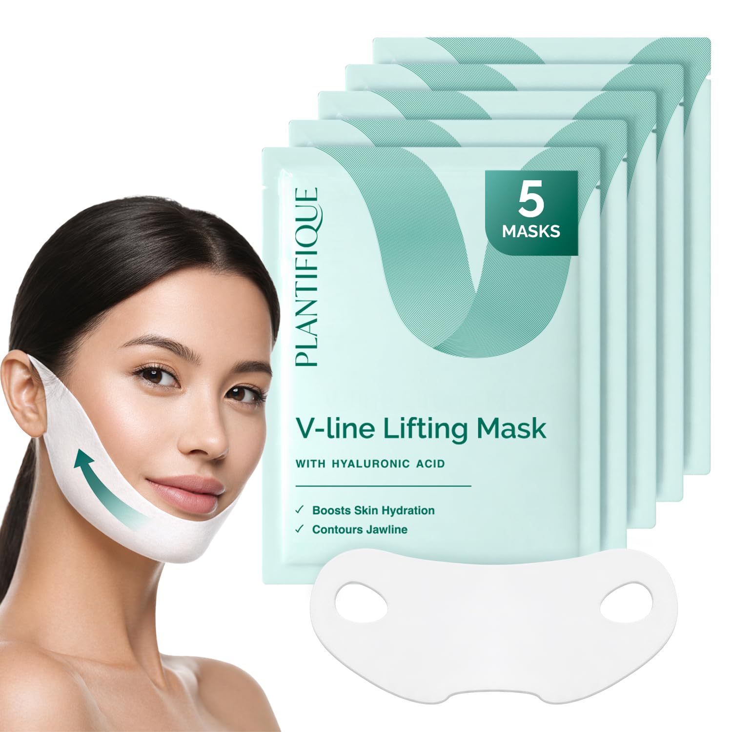 PLANTIFIQUE V-Line Face Lifting Chin Mask, 5 PCS - Hydrogel Chin Strap with Hyaluronic Acid and Aloe Vera - Jawline Shaper & Neck Firming