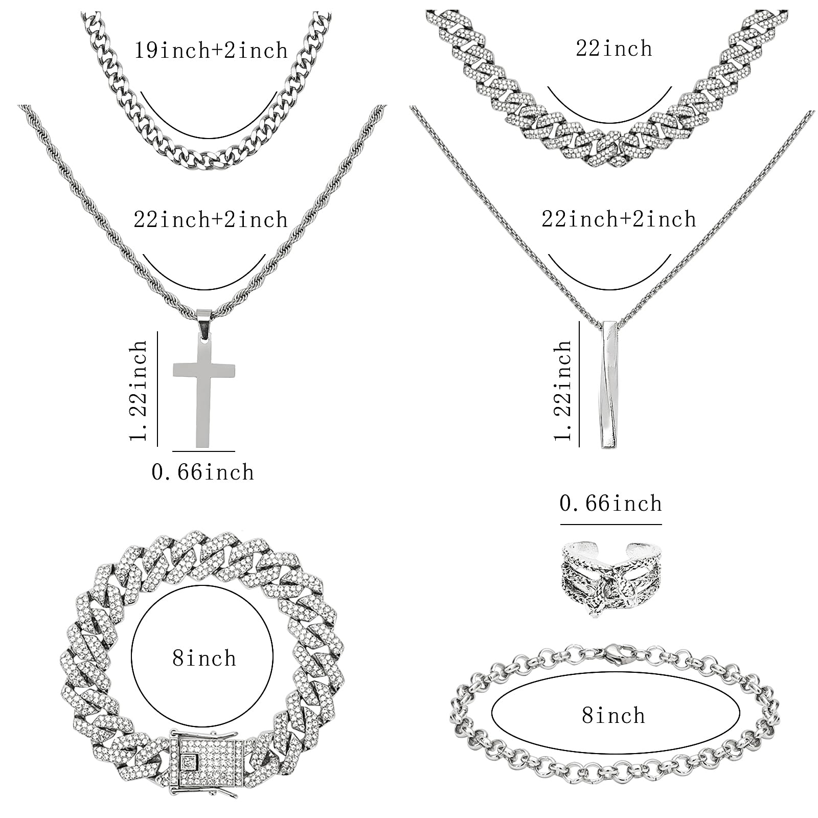 NEWITIN 15 Pieces Silver Jewelry Set for Men Stainless Steel Cuban Link Necklace Bracelet Cross Pendant Necklace Vintage Ring Cuban Jewelry Set for Men Women