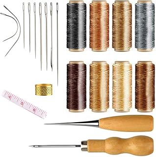 NACTECH Leder Werkzeug 21er Sattlergarn Ledernadeln Wachsfaden Hand Leder Ahle Nähahle Polsternadel Leder Nähgarn Gewachste Sattlergarn Ledernähset für Lederreste Lederbearbeitung Basteln