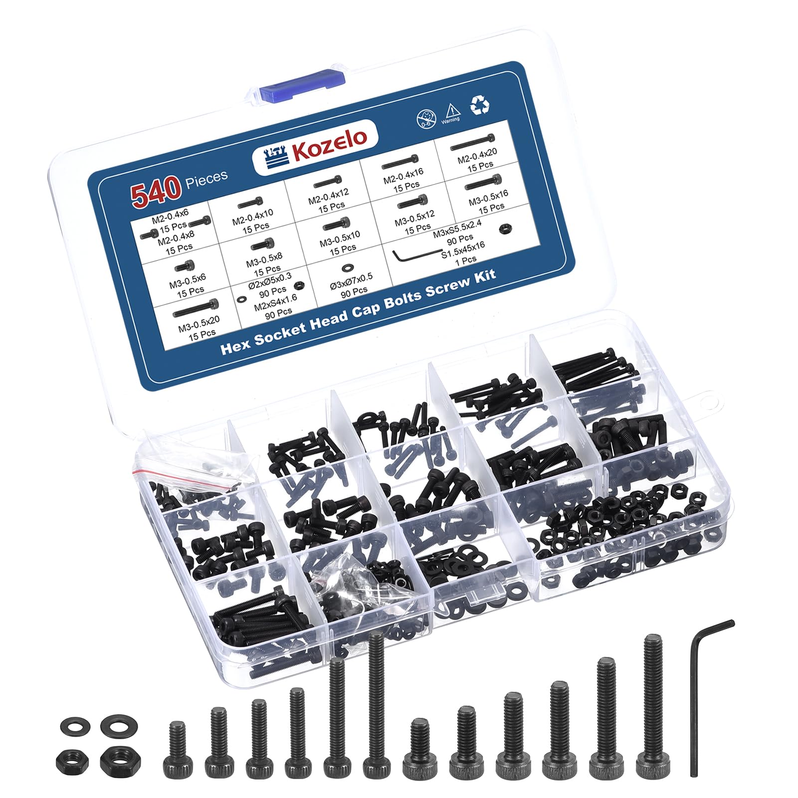 Kozelo 540pcs Socket Head Cap Screws Bolts Nuts Assortment Kit - [M2/M3x6/8/10/12/16/20mm] Alloy Steel Black Oxide 12.9 Internal Hex Screw for 3D Printer Use, with Wrench — image 1