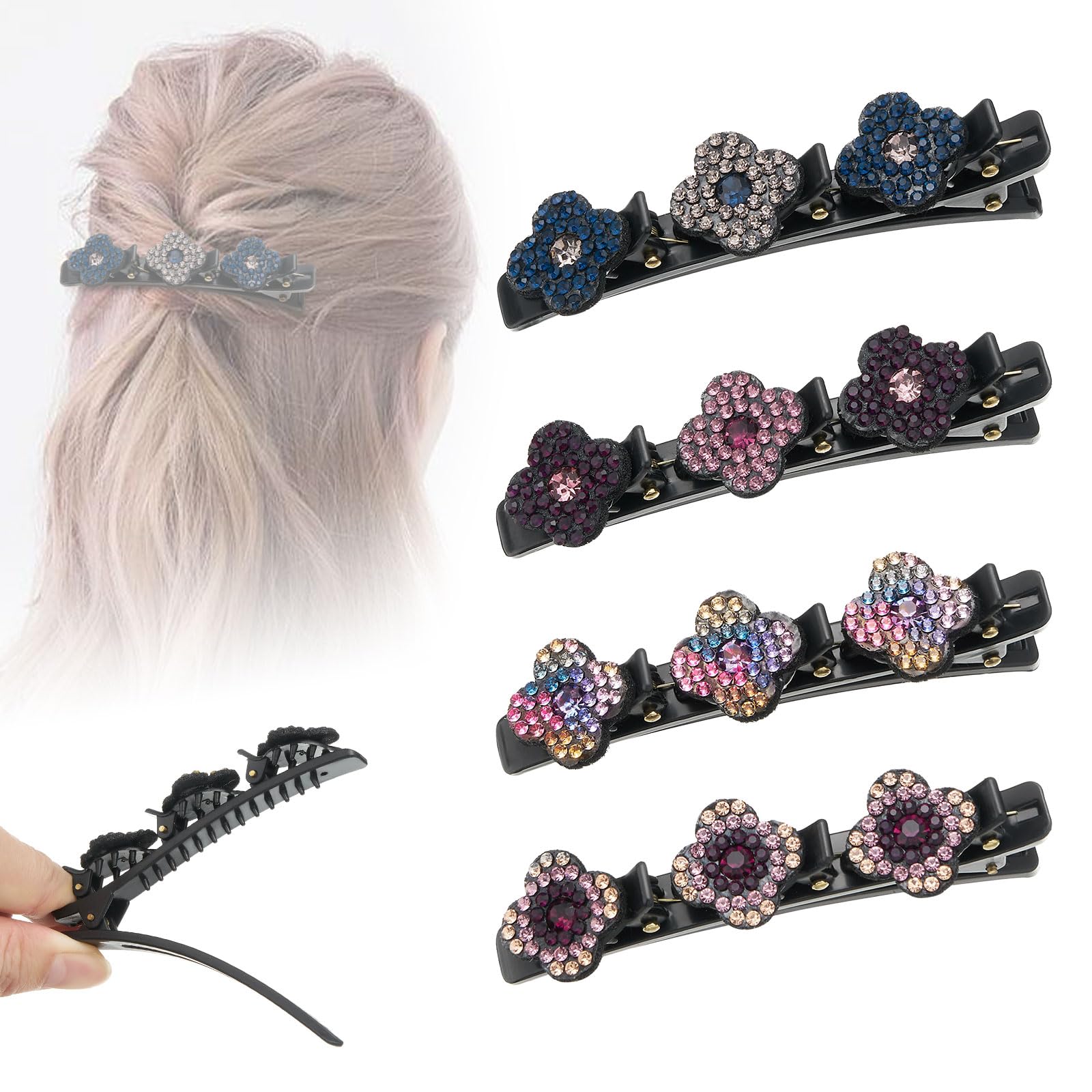 ZOUIQSS 4 Pcs Braided Rhinestone Hair Clips, Floral Hair Styling Clips with Sparkling Crystal Stones, Double Layer Hair Clips for Women and Girls