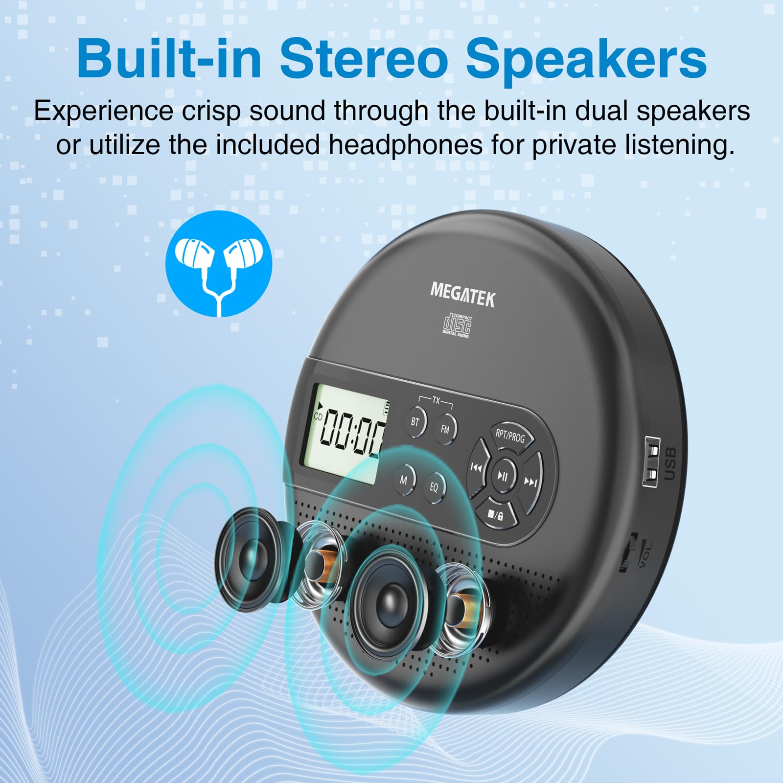 MEGATEK CP27BR Portable CD Player Bluetooth for Car with FM Transmitter, USB, AUX, LCD Display, Anti-Skip, Stereo Speakers, Headphones & Rechargeable Battery – Black