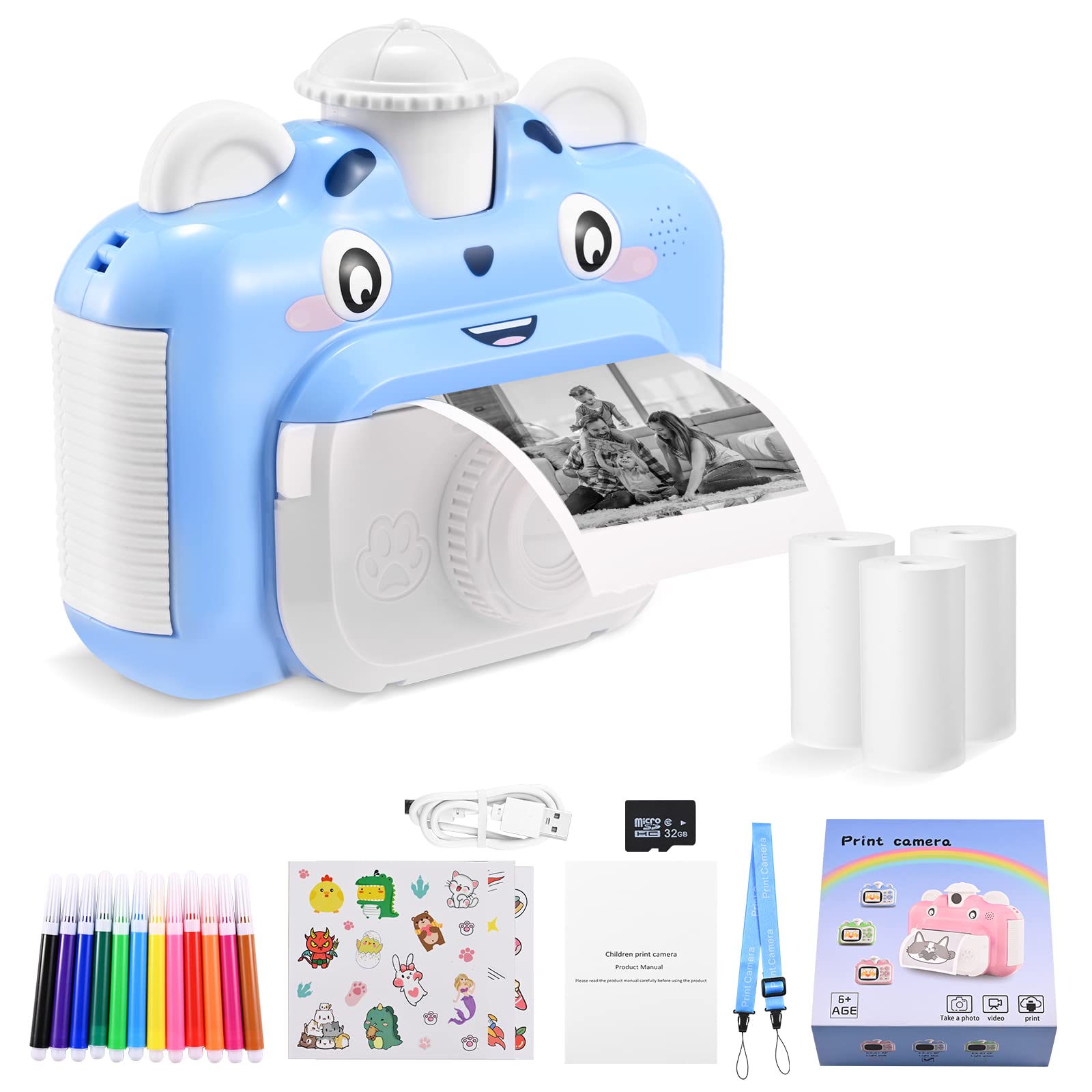 Instant Camera, 2.4’‘ Kids Camera Instant Print 1080P Digital Video Recorder with 32G SD Card & 3 Rolls Print Photo Paper, Christmas Gifts for Kids